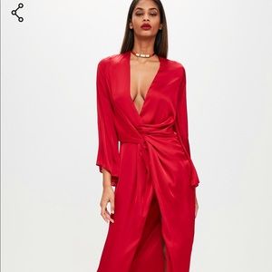 Misguided red satin plunge kimono maxi dress